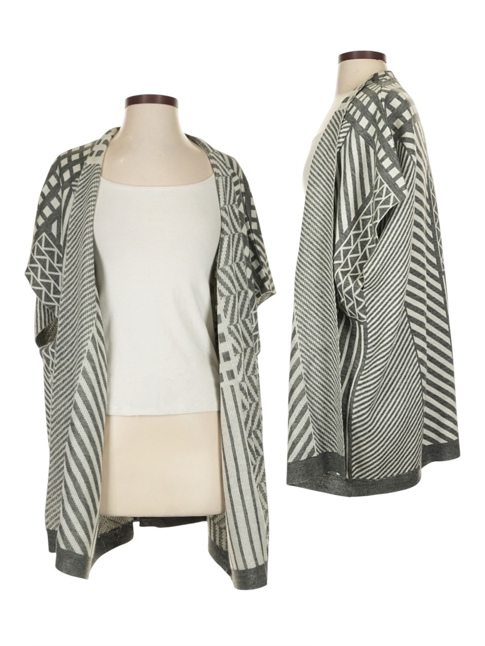 Maggie T 2X Fog White Geometric Kimono Open Cardigan Wool Blend NWT
